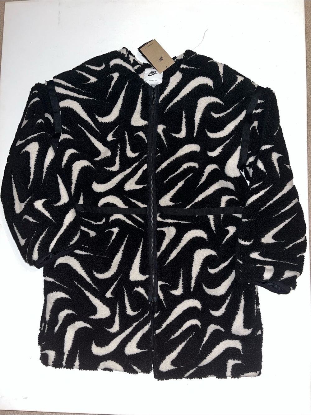 Nike High Pile Jacket Women's M Fleece Therma-Fit Black white  zip Swoosh $180
